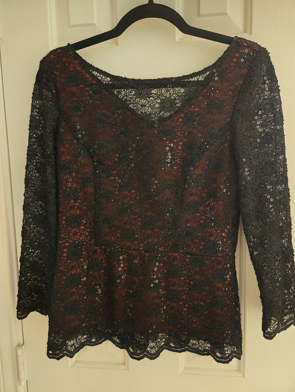 Onque Casuals Black Floral Lace Peplum Top Red Underlay Sequin Blouse Small